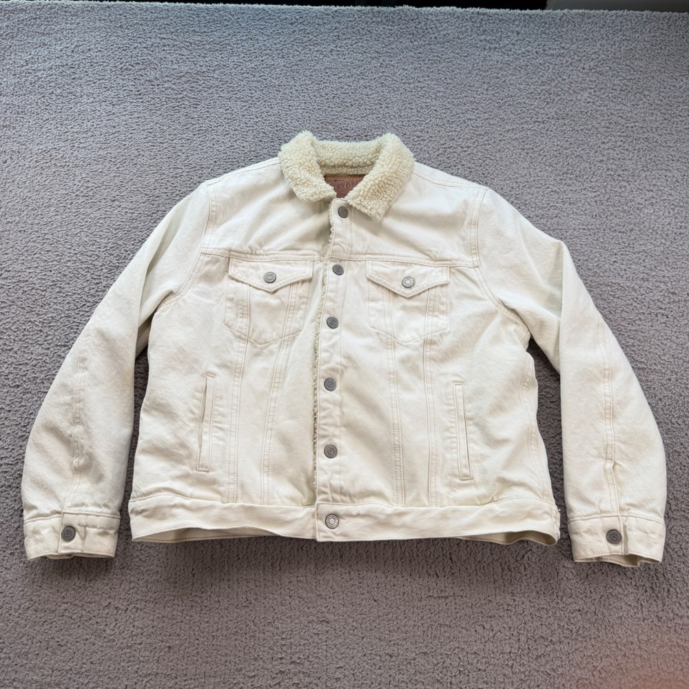 Lucky Brand Cream Sherpa Lined Denim Trucker Jacket XL Off White Faux Fur